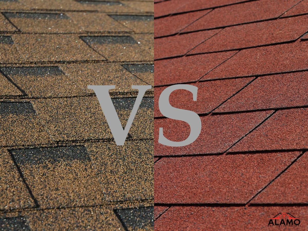 Side-by-side comparison of brown asphalt shingles on the left and red asphalt shingles on the right, with VS in large letters across the center and an Alamo logo in the corner. Side-by-side comparison of brown asphalt shingles on the left and red asphalt shingles on the right, with VS in large letters across the center and an Alamo logo in the corner.