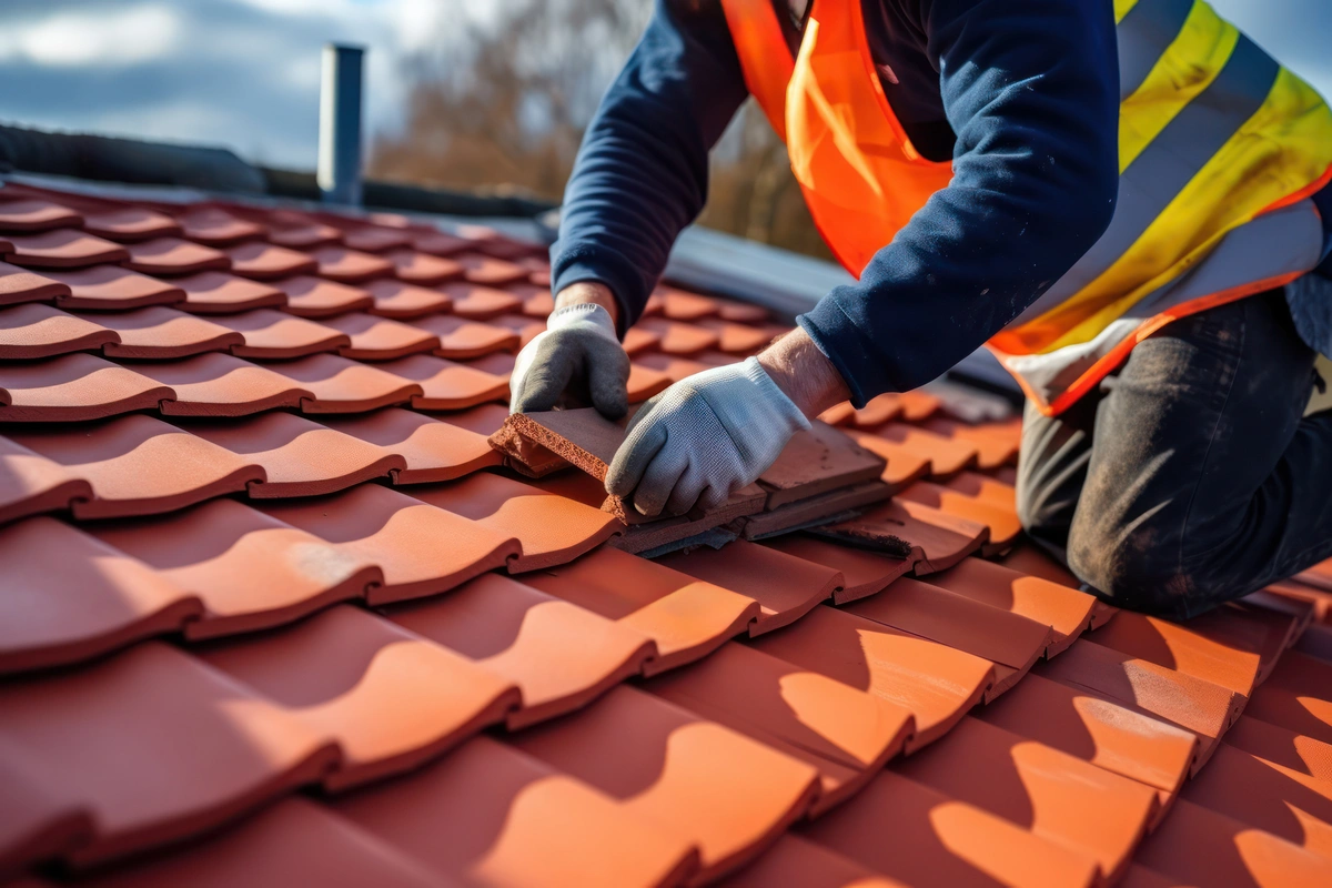 A worker in safety gear installs red clay roof tiles on a sloped roof during daytime.