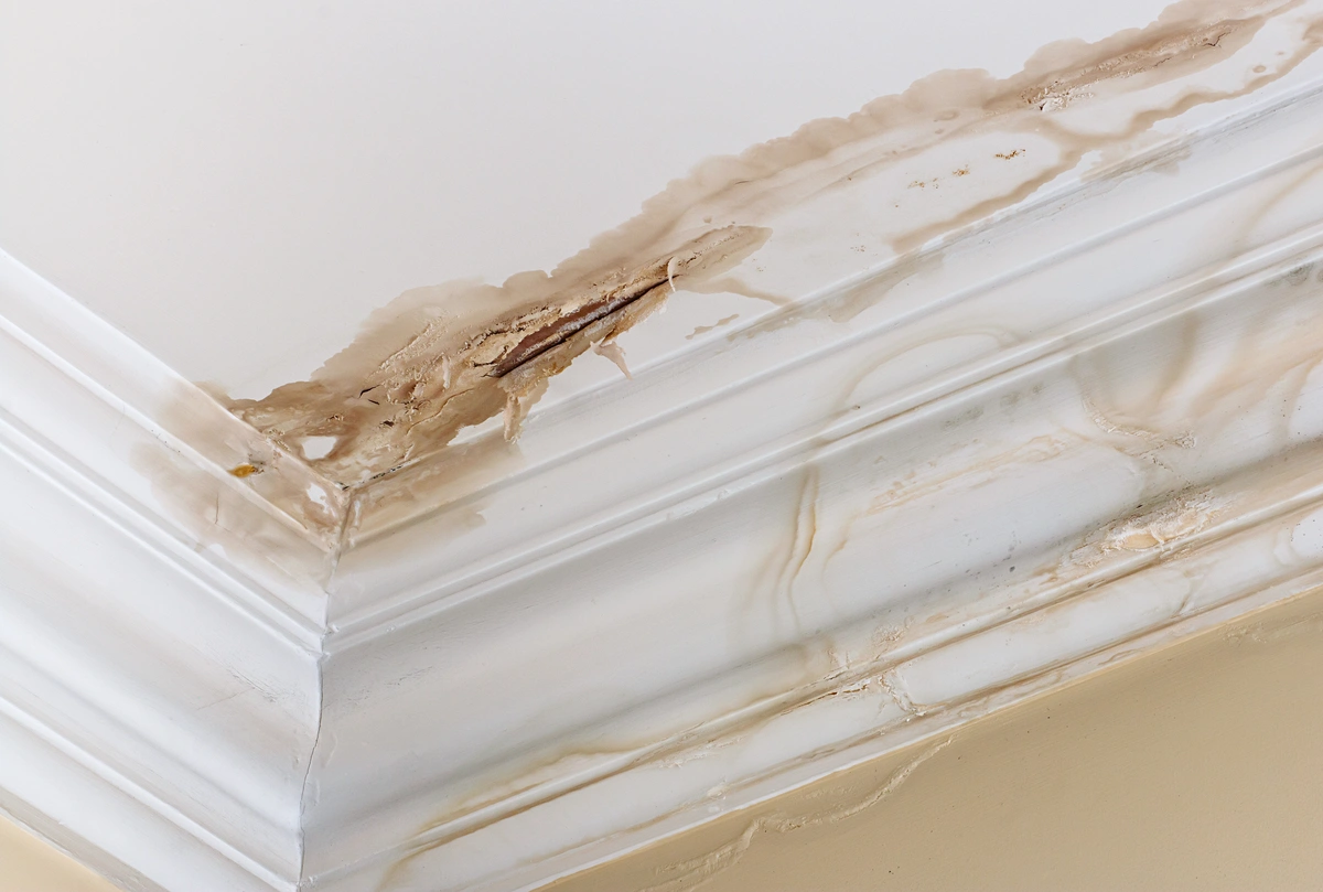 Close-up of a ceiling corner with visible water damage, showing discoloration, peeling paint, and cracks along the surface.