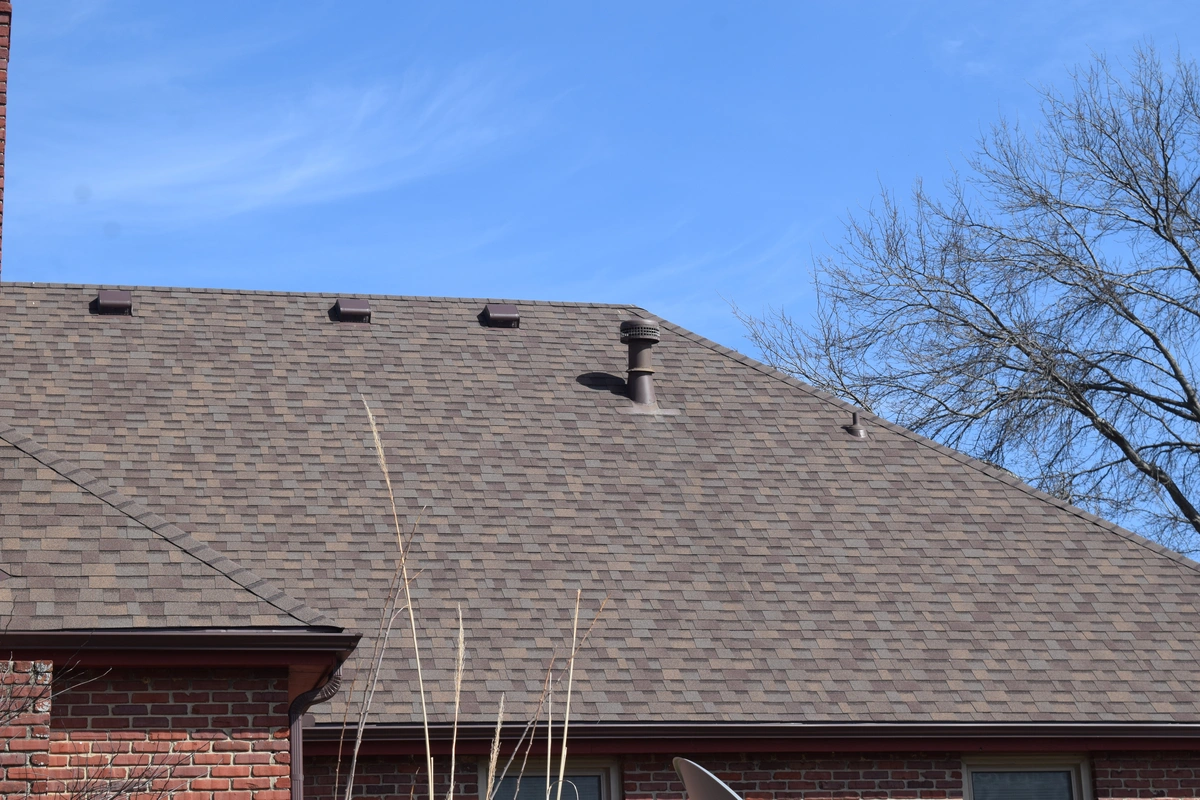 brown asphalt shingle roof against blue sky