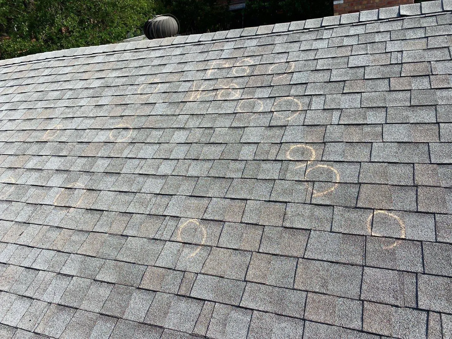 Gray shingle roof with multiple circular chalk markings indicating areas of possible damage or inspection points.