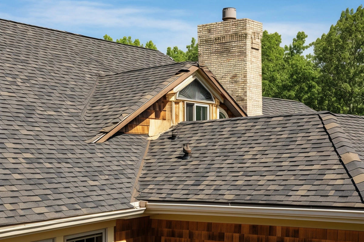 Close-up view of a house roof with asphalt shingles, a brick chimney, and a small dormer window; trees and blue sky in the background.