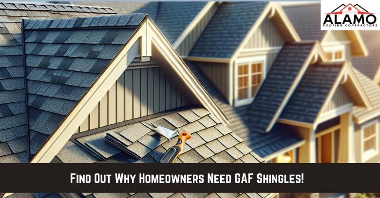 A close-up of gray GAF shingles being installed on a house roof, with a hammer and nails visible; row of houses in the background. A close-up of gray GAF shingles being installed on a house roof, with a hammer and nails visible; row of houses in the background.