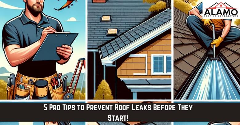 A roofer with tools inspects a roof, patches shingles, and applies sealant, with text: 5 Pro Tips to Prevent Roof Leaks Before They Start! and the Alamo Roofing Contractors logo. A roofer with tools inspects a roof, patches shingles, and applies sealant, with text: 5 Pro Tips to Prevent Roof Leaks Before They Start! and the Alamo Roofing Contractors logo.