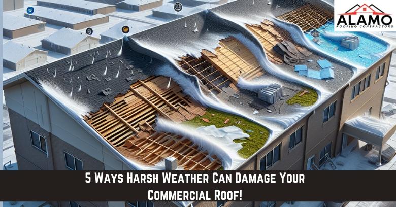 An illustration shows a commercial roof damaged by various weather conditions like snow, rain, and wind, with exposed insulation and broken roofing materials. An illustration shows a commercial roof damaged by various weather conditions like snow, rain, and wind, with exposed insulation and broken roofing materials.