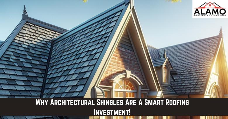 A house with architectural shingles on its roof, showcasing their design; a banner reads, Why architectural shingles are a smart roofing investment!. A house with architectural shingles on its roof, showcasing their design; a banner reads, Why architectural shingles are a smart roofing investment!.