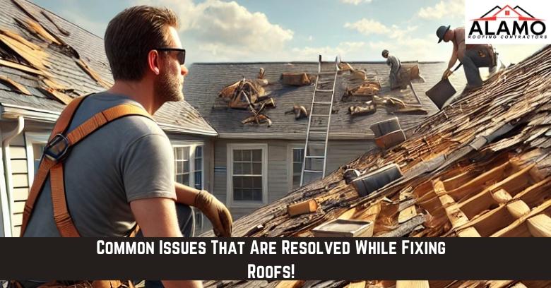 Roofers work on repairing and replacing shingles on residential roofs under daylight, with tools and materials scattered around. Roofers work on repairing and replacing shingles on residential roofs under daylight, with tools and materials scattered around.