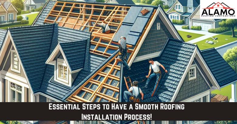 Workers installing new shingles on a house roof, with some roofing sections still uncovered; Alamo Roofing Contractors logo in the corner. Workers installing new shingles on a house roof, with some roofing sections still uncovered; Alamo Roofing Contractors logo in the corner.