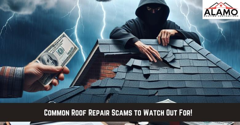 A masked person with a crowbar damages a roof while another hand offers cash; warning text below reads, Common Roof Repair Scams to Watch Out For!. A masked person with a crowbar damages a roof while another hand offers cash; warning text below reads, Common Roof Repair Scams to Watch Out For!.