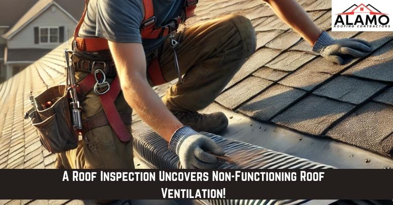 A roofer inspects and repairs a rooftop ventilation system on a residential house. Text overlay reads: A Roof Inspection Uncovers Non-Functioning Roof Ventilation!. A roofer inspects and repairs a rooftop ventilation system on a residential house. Text overlay reads: A Roof Inspection Uncovers Non-Functioning Roof Ventilation!.
