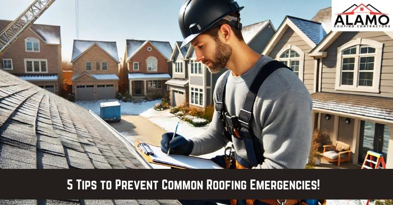 A construction worker in safety gear inspects a house roof in a suburban neighborhood; text reads “5 Tips to Prevent Common Roofing Emergencies!” and Alamo Roofing Contractors logo is visible. A construction worker in safety gear inspects a house roof in a suburban neighborhood; text reads “5 Tips to Prevent Common Roofing Emergencies!” and Alamo Roofing Contractors logo is visible.