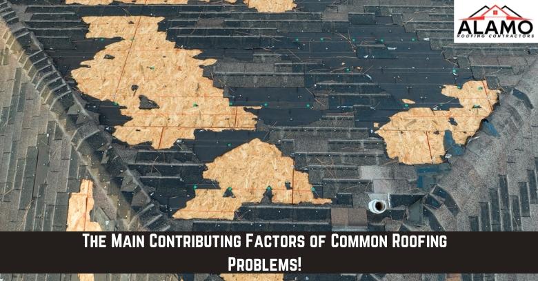 A damaged roof with missing shingles and exposed wooden underlayment. Text overlay reads: The Main Contributing Factors of Common Roofing Problems!. A damaged roof with missing shingles and exposed wooden underlayment. Text overlay reads: The Main Contributing Factors of Common Roofing Problems!.