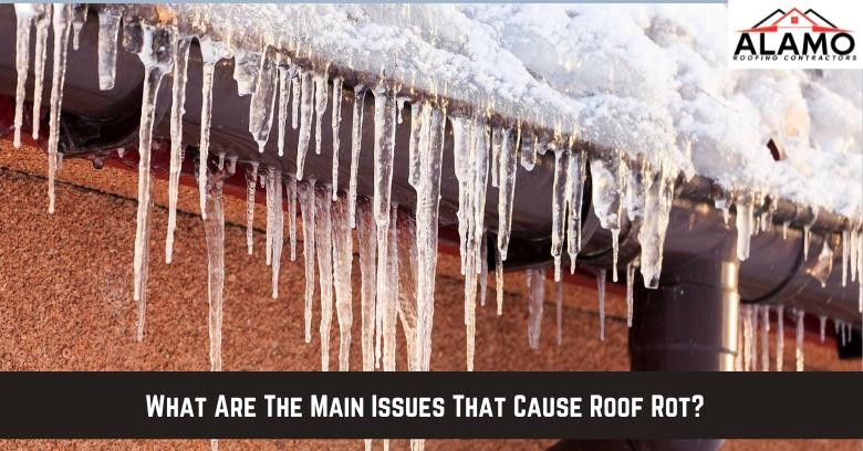 Icicles hang from a snow-covered roof edge above a gutter, illustrating winter conditions that can contribute to roof rot. Icicles hang from a snow-covered roof edge above a gutter, illustrating winter conditions that can contribute to roof rot.