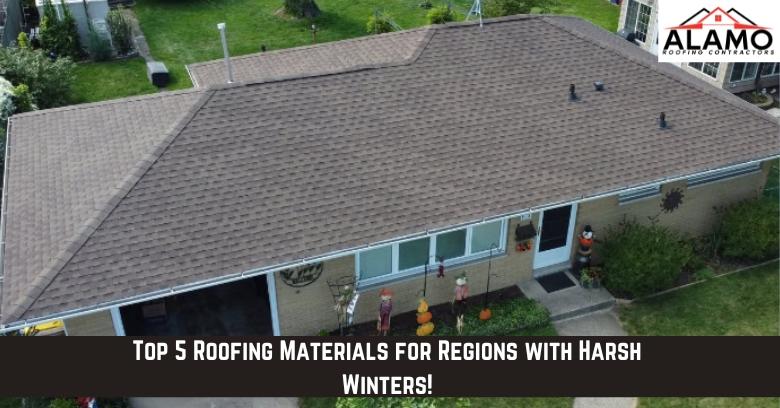 Aerial view of a house with a shingled roof, surrounded by greenery; text overlay reads, Top 5 Roofing Materials for Regions with Harsh Winters!. Aerial view of a house with a shingled roof, surrounded by greenery; text overlay reads, Top 5 Roofing Materials for Regions with Harsh Winters!.