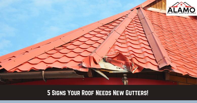 A red metal roof with visible damage and bent panels near the edge, with a banner reading 5 Signs Your Roof Needs New Gutters!. A red metal roof with visible damage and bent panels near the edge, with a banner reading 5 Signs Your Roof Needs New Gutters!.