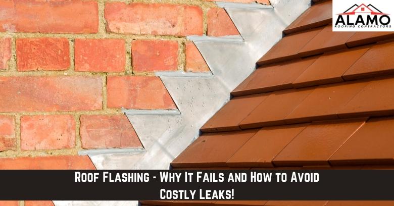 Close-up of metal roof flashing installed at the intersection of a brick wall and sloped roof tiles, with a banner about preventing leaks. Close-up of metal roof flashing installed at the intersection of a brick wall and sloped roof tiles, with a banner about preventing leaks.
