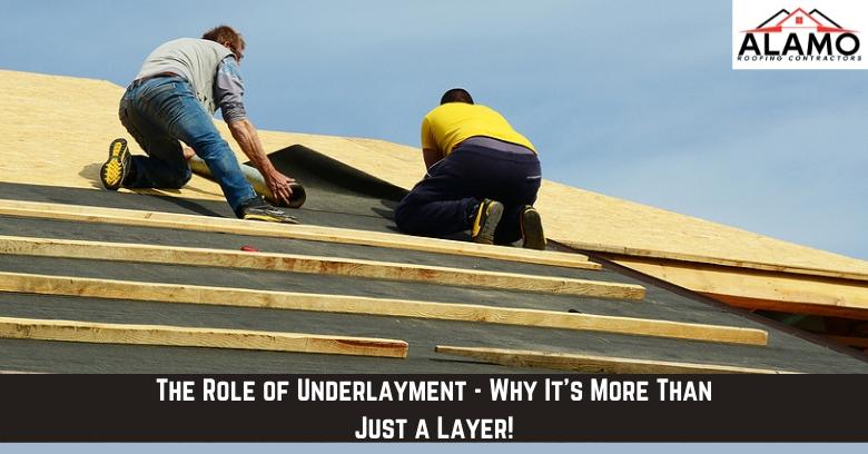Two workers install roofing underlayment on a wooden roof structure under a clear sky, with a logo labeled Alamo Roofing Contractors in the top right corner. Two workers install roofing underlayment on a wooden roof structure under a clear sky, with a logo labeled Alamo Roofing Contractors in the top right corner.