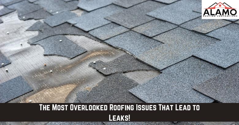 Close-up of damaged and misaligned roof shingles with visible water damage, accompanied by a banner stating, The Most Overlooked Roofing Issues That Lead to Leaks!. Close-up of damaged and misaligned roof shingles with visible water damage, accompanied by a banner stating, The Most Overlooked Roofing Issues That Lead to Leaks!.
