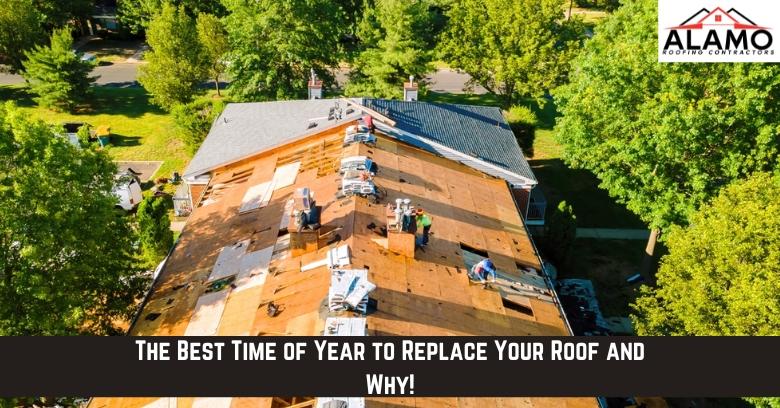 Aerial view of workers replacing a roof on a house surrounded by trees, with roofing materials visible; Alamo Roofing Contractors logo in the corner. Aerial view of workers replacing a roof on a house surrounded by trees, with roofing materials visible; Alamo Roofing Contractors logo in the corner.