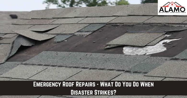 Close-up of a damaged shingle roof with missing and torn shingles; text overlay reads Emergency Roof Repairs – What Do You Do When Disaster Strikes?. Close-up of a damaged shingle roof with missing and torn shingles; text overlay reads Emergency Roof Repairs - What Do You Do When Disaster Strikes?.