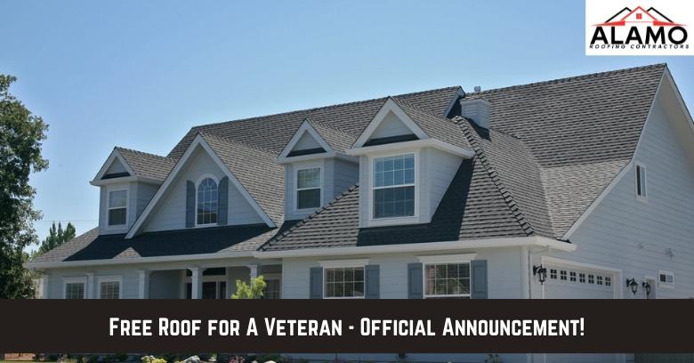 Large two-story house with dark gray roof and white siding; banner reads Free Roof for a Veteran – Official Announcement! with Alamo Roofing Contractors logo in the corner. Large two-story house with dark gray roof and white siding; banner reads Free Roof for a Veteran - Official Announcement! with Alamo Roofing Contractors logo in the corner.