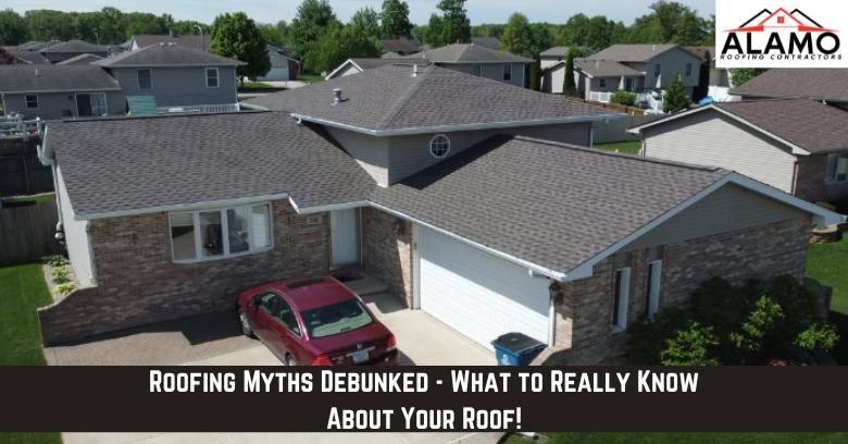 Aerial view of a suburban home with a brown shingle roof, a red car in the driveway, and a banner reading “Roofing Myths Debunked – What to Really Know About Your Roof!”. Aerial view of a suburban home with a brown shingle roof, a red car in the driveway, and a banner reading “Roofing Myths Debunked - What to Really Know About Your Roof!”.
