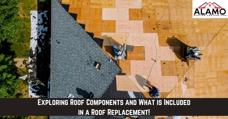 Aerial view of a house roof partially covered with new shingles, with exposed plywood decking and roofing materials; Alamo Roofing Contractors logo in the corner. Aerial view of a house roof partially covered with new shingles, with exposed plywood decking and roofing materials; Alamo Roofing Contractors logo in the corner.