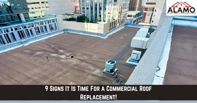 A flat commercial rooftop with HVAC units and visible wear; 9 Signs It Is Time For a Commercial Roof Replacement! text overlay at the bottom. A flat commercial rooftop with HVAC units and visible wear; 9 Signs It Is Time For a Commercial Roof Replacement! text overlay at the bottom.
