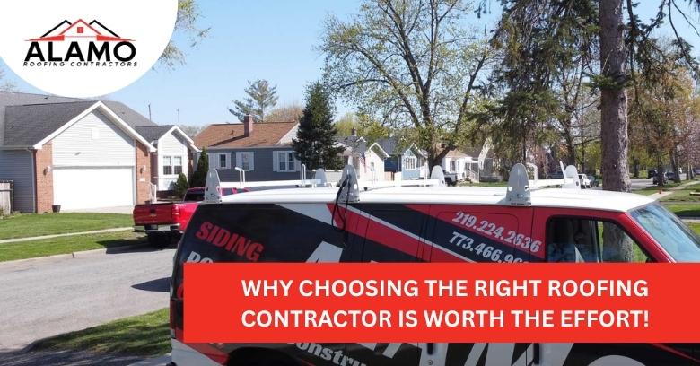 A roofing company van is parked on a suburban street with houses in the background. A banner reads, Why choosing the right roofing contractor is worth the effort!. A roofing company van is parked on a suburban street with houses in the background. A banner reads, Why choosing the right roofing contractor is worth the effort!.