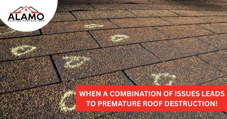Close-up of an asphalt shingle roof with yellow chalk circles marking damage spots; Alamo Roofing Contractors logo and text about premature roof destruction. Close-up of an asphalt shingle roof with yellow chalk circles marking damage spots; Alamo Roofing Contractors logo and text about premature roof destruction.