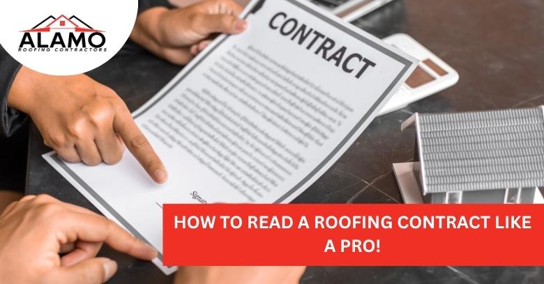 Two people point at a roofing contract document on a table; a small house model and company logo are also visible. Two people point at a roofing contract document on a table; a small house model and company logo are also visible.