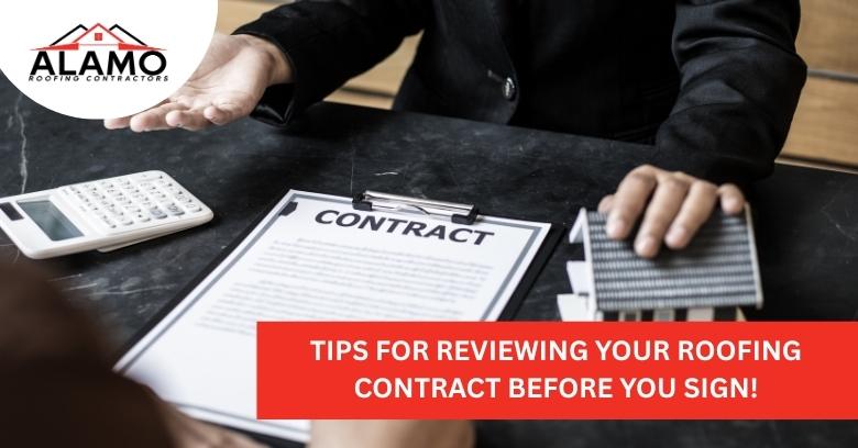 Two people review a roofing contract at a desk with a calculator, pen, and sample materials; a banner reads, Tips for reviewing your roofing contract before you sign!. Two people review a roofing contract at a desk with a calculator, pen, and sample materials; a banner reads, Tips for reviewing your roofing contract before you sign!.