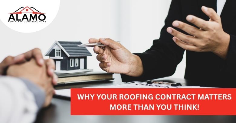 Two people discuss roofing contracts at a desk with paperwork and a model house; the text reads, Why your roofing contract matters more than you think!. Two people discuss roofing contracts at a desk with paperwork and a model house; the text reads, Why your roofing contract matters more than you think!.